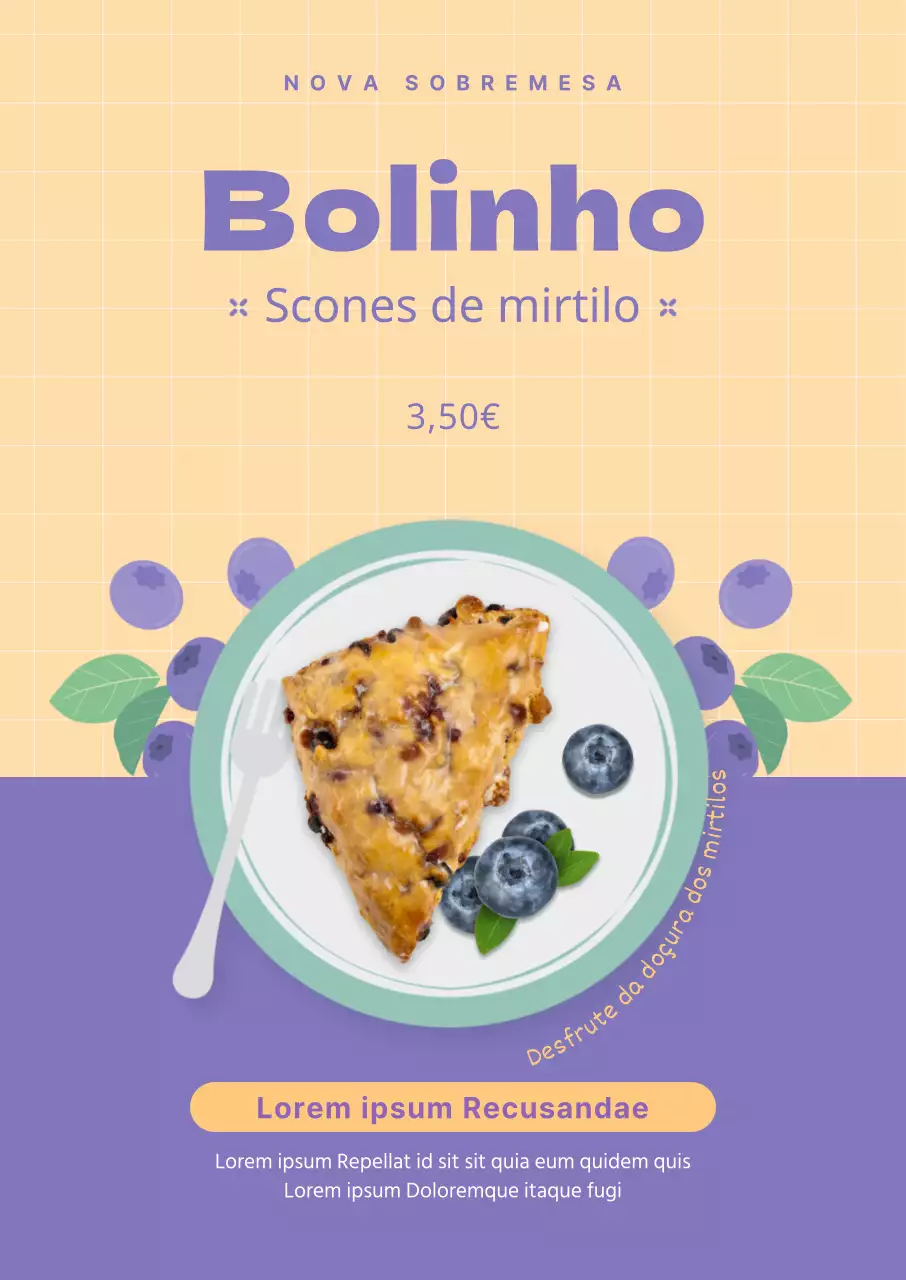 Um menu de sobremesa de scones em roxo e marfim com fotografias