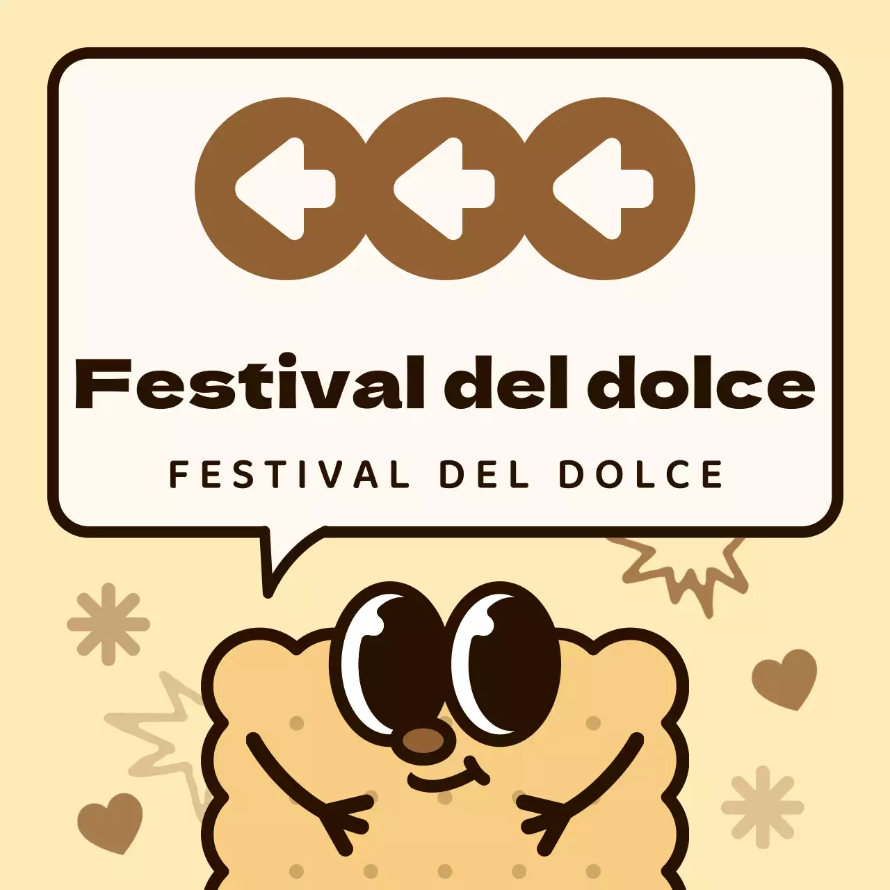 Combinazione di colori marrone e rosa Personaggi carini dei biscotti e bolle vocali Stile illustrativo Indicazioni per la festa del dolce