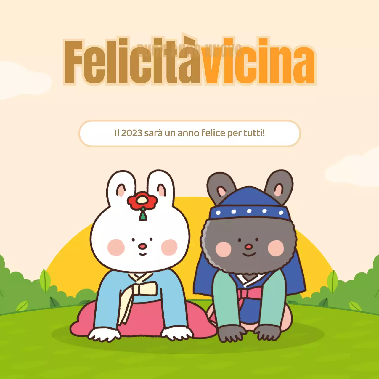 Simpatico personaggio di coniglietto per gli auguri di Capodanno in giallo e verde