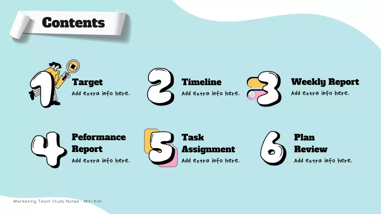 하늘색과 노랑색의 모던한 마케팅 회의록 보고서