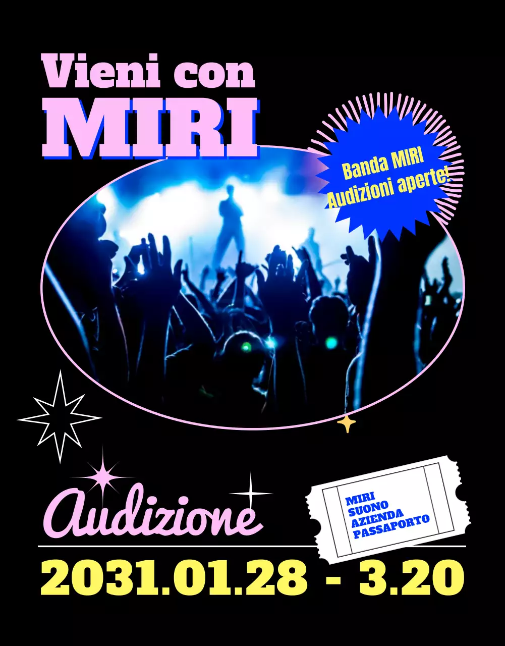 Audizioni aperte per banda con colori su sfondo nero