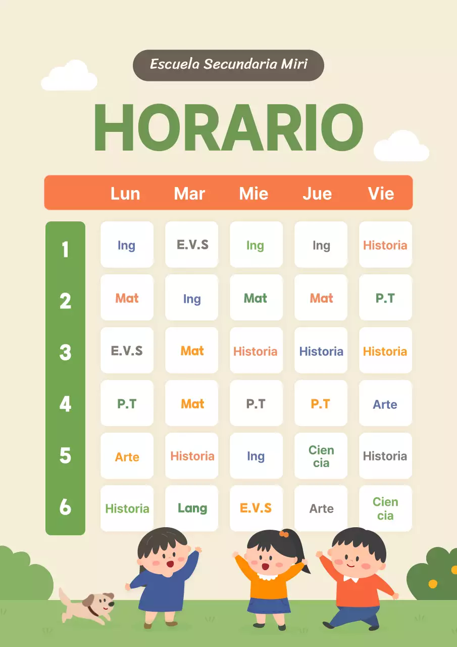 Horario de clase con coloridas y simpáticas ilustraciones