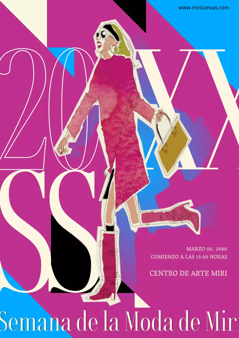 Promoción de la Semana de la Moda con ilustraciones de moda en magenta y azul claro