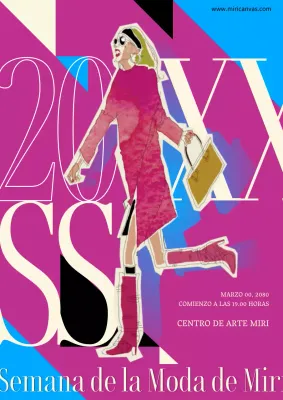 Promoción de la Semana de la Moda con ilustraciones de moda en magenta y azul claro