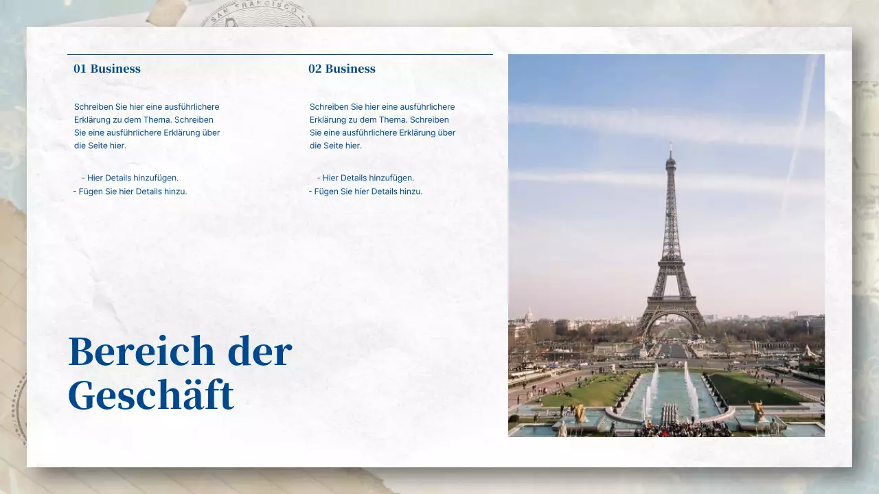 Ein postkartenähnliches Reisebüro in Blau- und Pastelltönen