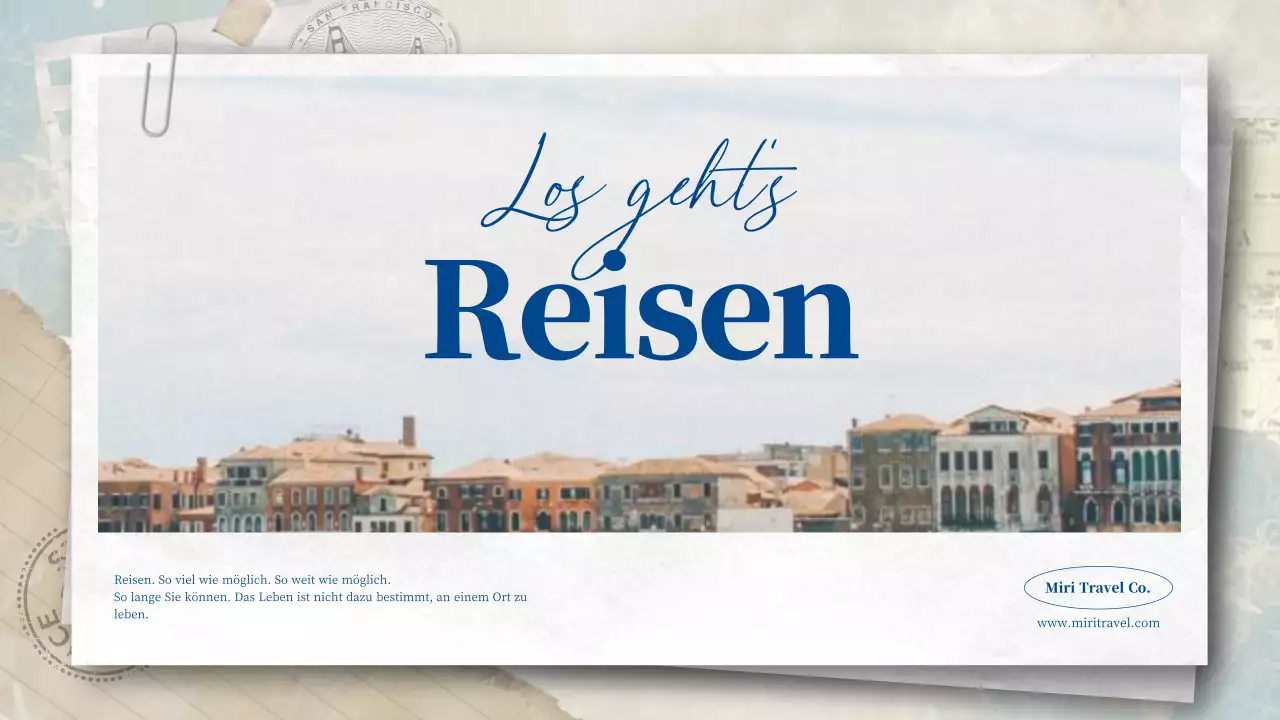 Ein postkartenähnliches Reisebüro in Blau- und Pastelltönen