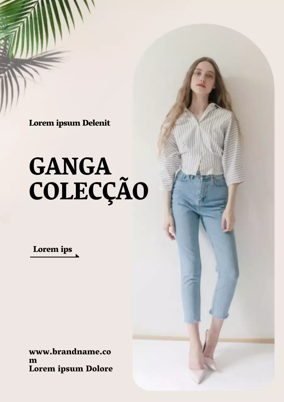 Cartaz promocional de uma coleção de roupa de ganga simples em cor bege