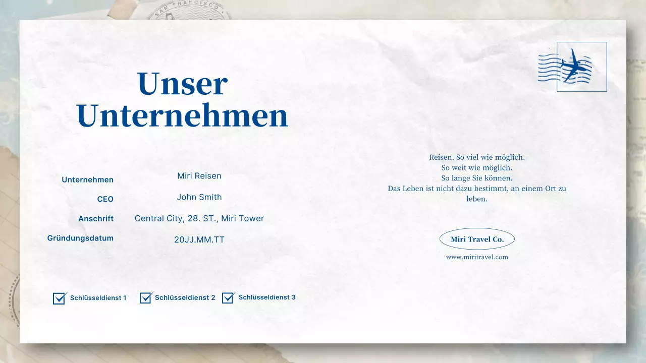 Ein postkartenähnliches Reisebüro in Blau- und Pastelltönen