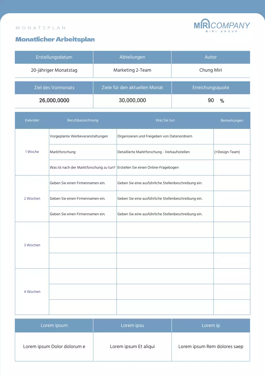 Ein sauberer, blau gefärbter monatlicher Arbeitsplan