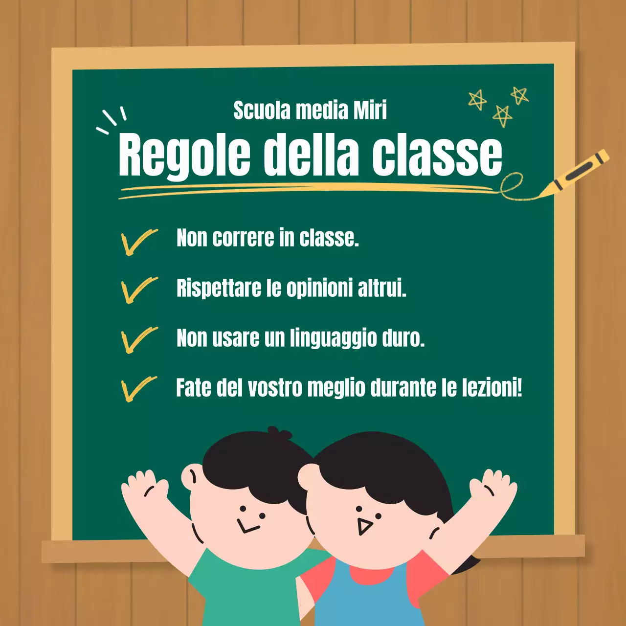 Avviso di nuovo semestre della scuola elementare con venature di legno marrone e sfondo lavagna verde