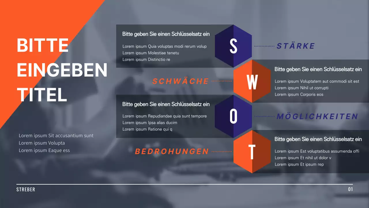 SWOT-Infografik in Orange- und Blautönen