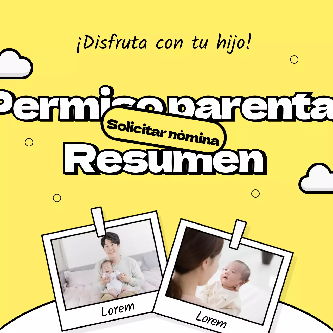 polaroid, bebé, paternidad, papá, mamá, familia, salario, bienestar, nubes, patrón, ilustración