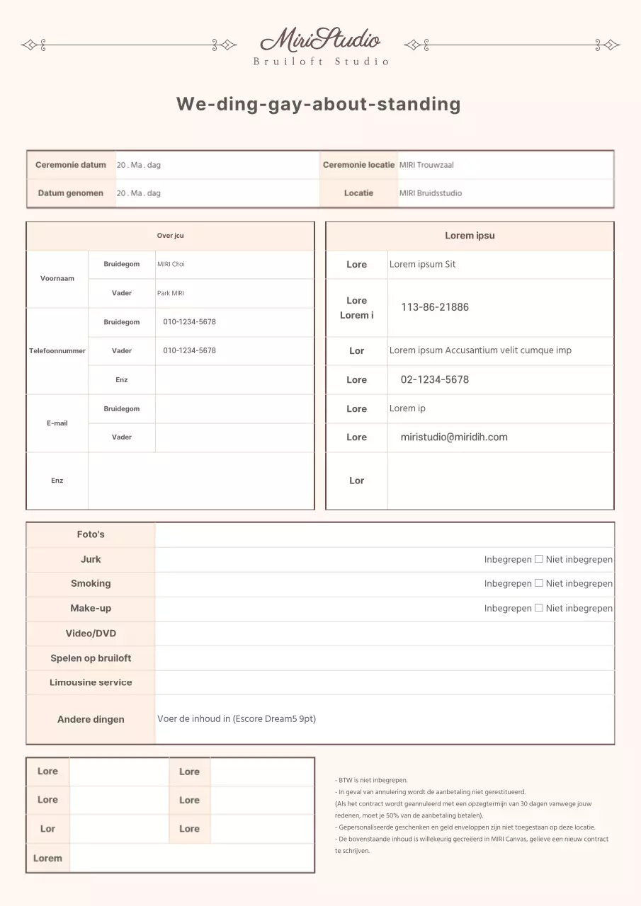 Bruine strak gelijnde bruiloft studio contract sjabloon