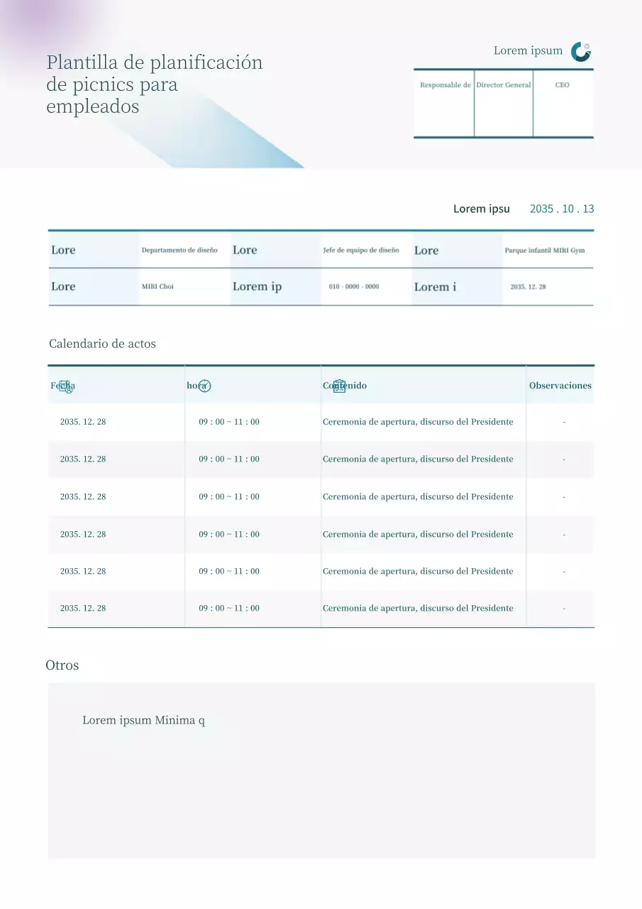 Documento de planificación de picnics para empleados, azul claro, sencillo y tabulado