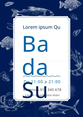 Promocione un restaurante de sushi con ilustraciones azules de marisco