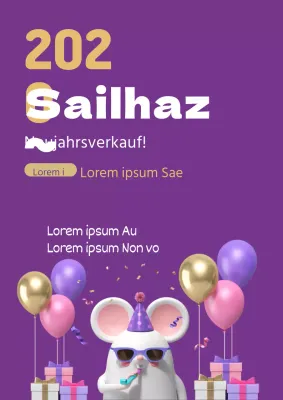 Werben Sie für einen Neujahrsverkauf mit einer Illustration lila feiernder Mäuse und Geschenke