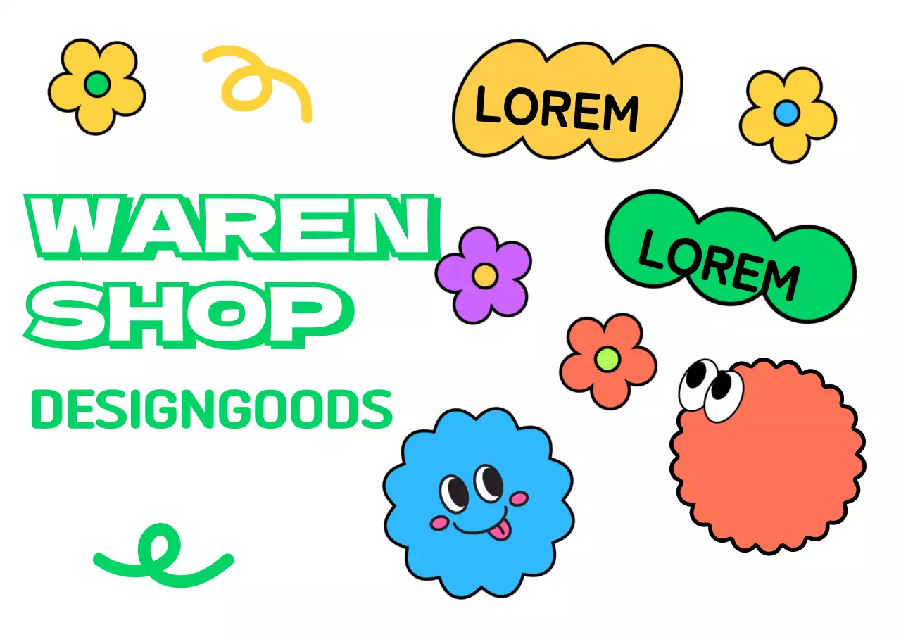 Warenshop-Design mit niedlichen, farbenfrohen Illustrationen von Figuren und Blumen