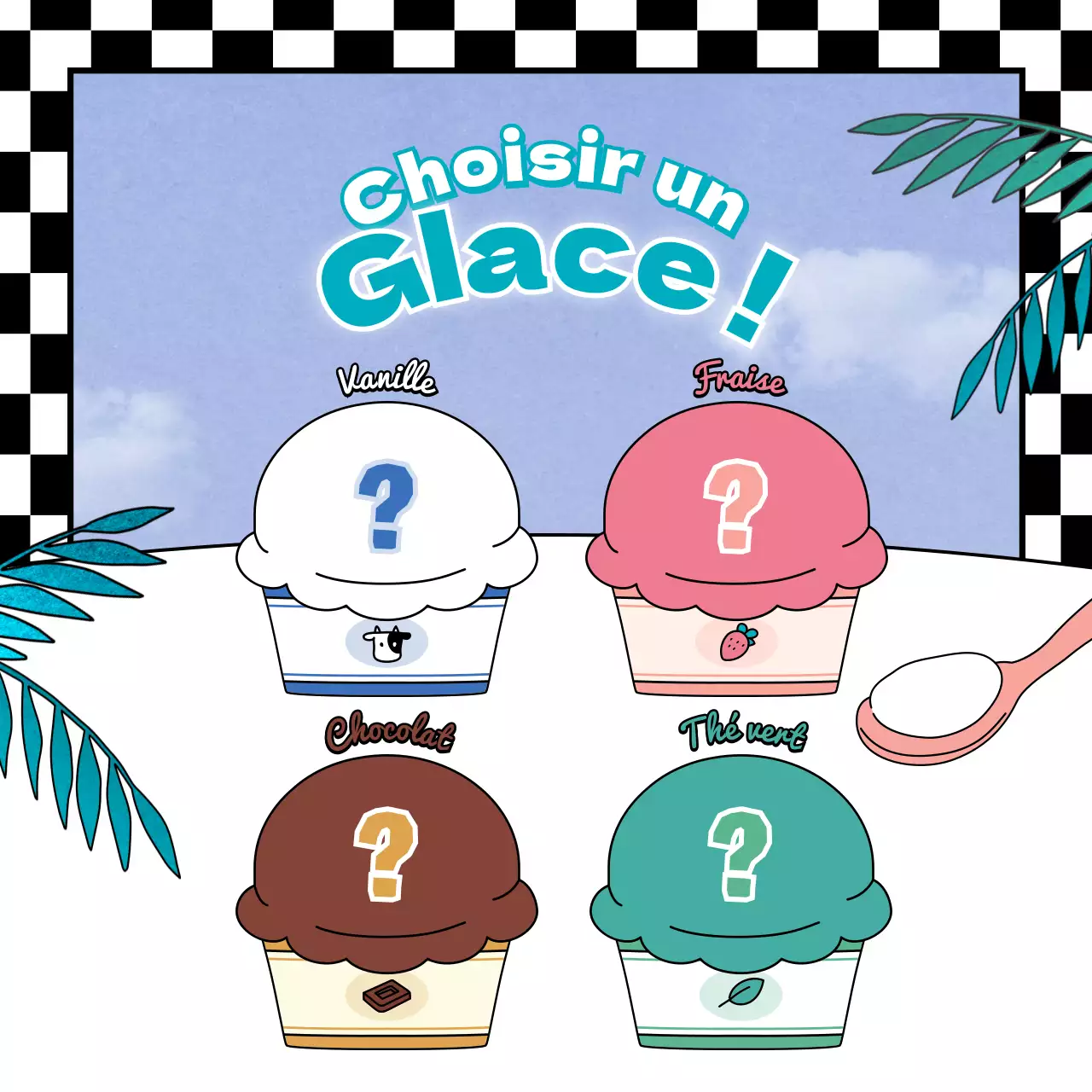 Illustration d'un mignon personnage rétro de crème glacée de couleur rose menthe chocolat