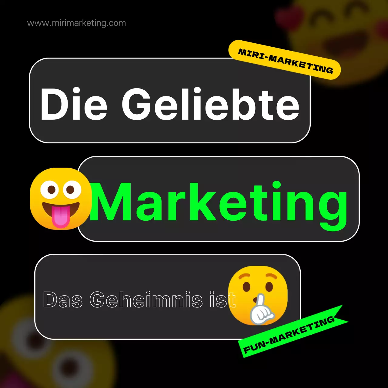 Schwarzes und fluoreszierendes Emoji zeigt Spaß am Marketing