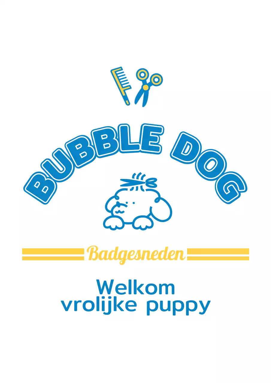 Hondentrimsalon met schattige blauwe en gele puppyfiguren