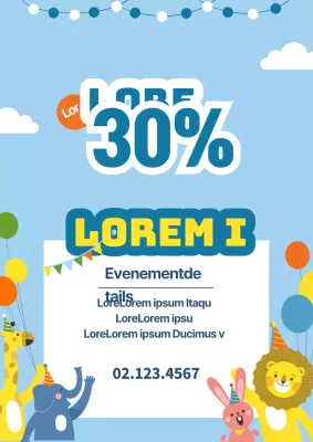 Promoot een verkoop voor Kinderdag met een schattig concept met dierenillustraties in blauw.