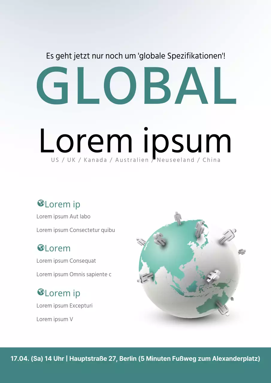 Einfache Übersee-Seminarwerbung mit türkisfarbener Weltkugel-Illustration