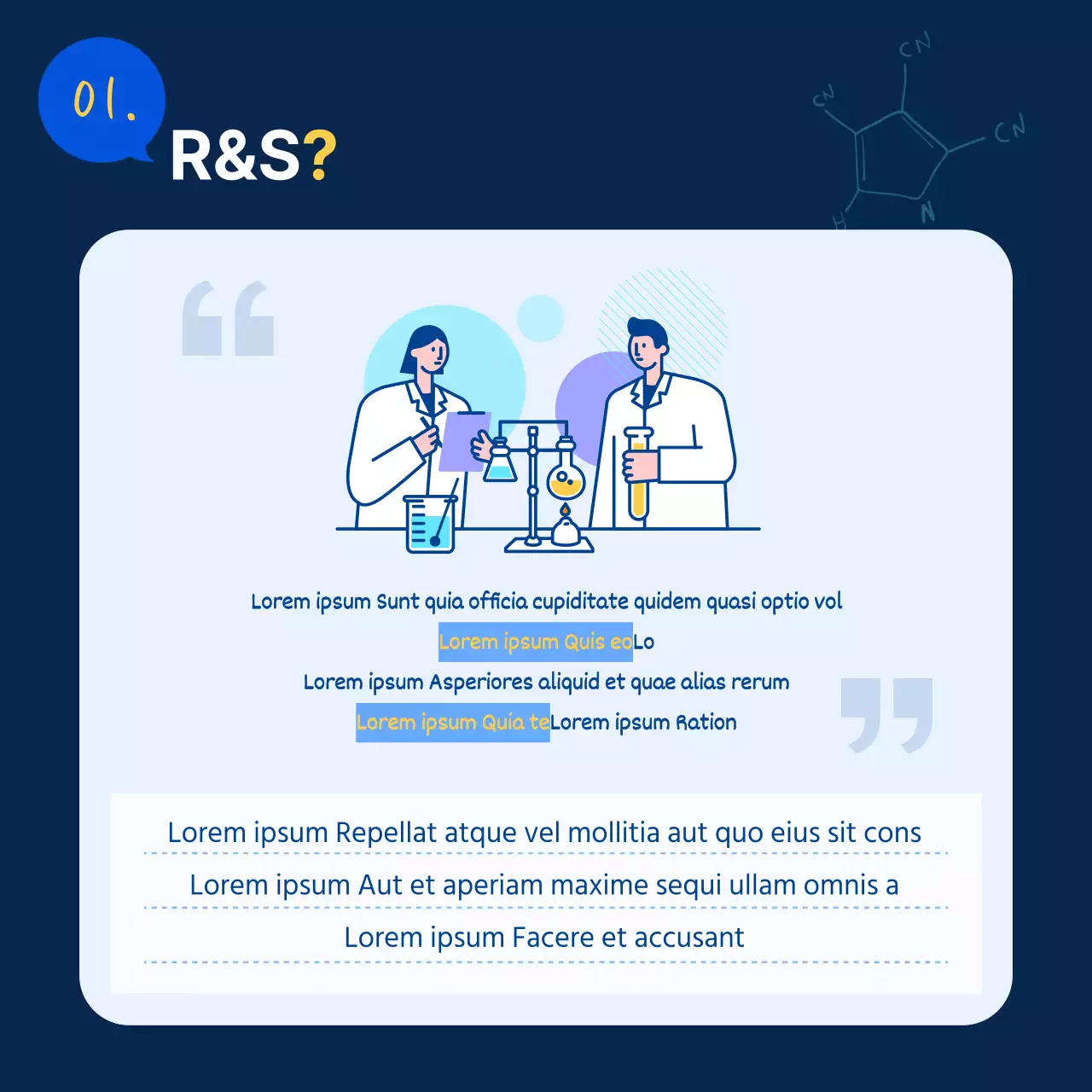 Una semplice descrizione delle mansioni in blu e giallo per promuovere il laboratorio di ricerca e sviluppo.