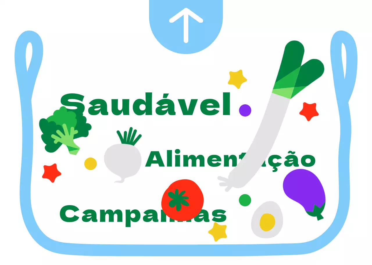 Saco de plástico bonito e arrumado, ilustração de moldura estilo direcções para uma campanha alimentar em azul claro e verde.
