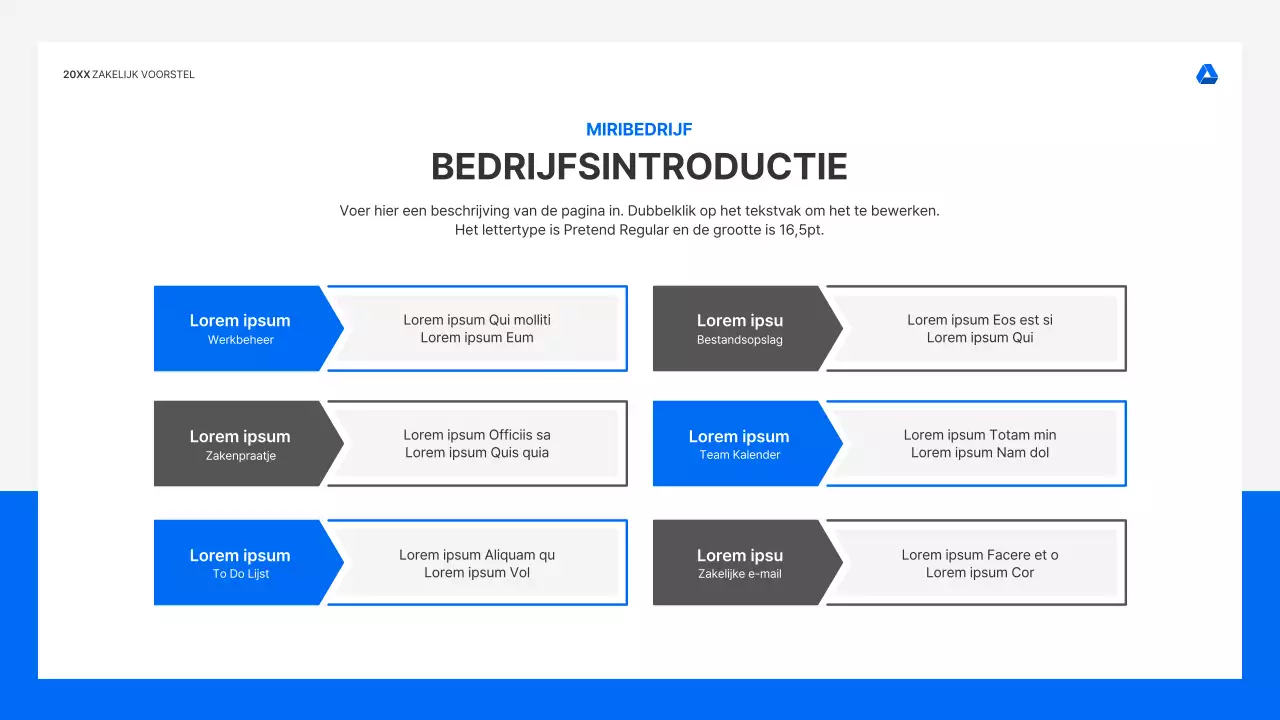 Strakke, intuïtieve presentatiekit voor zakelijke voorstellen in blauw en lichtgrijs