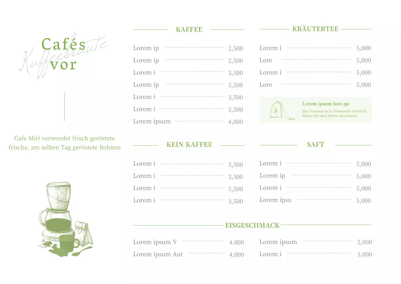 Weiß und lindgrün Stift Illustration eines Café-Menü horizontale Plakat