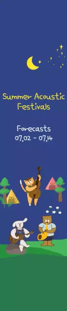 Gaya ilustrasi lucu dengan warna biru tua dan kuning untuk informasi dan promosi festival akustik musim panas