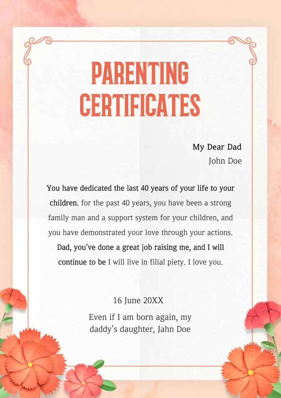 Coral Elegant Parenting Certificate Poster