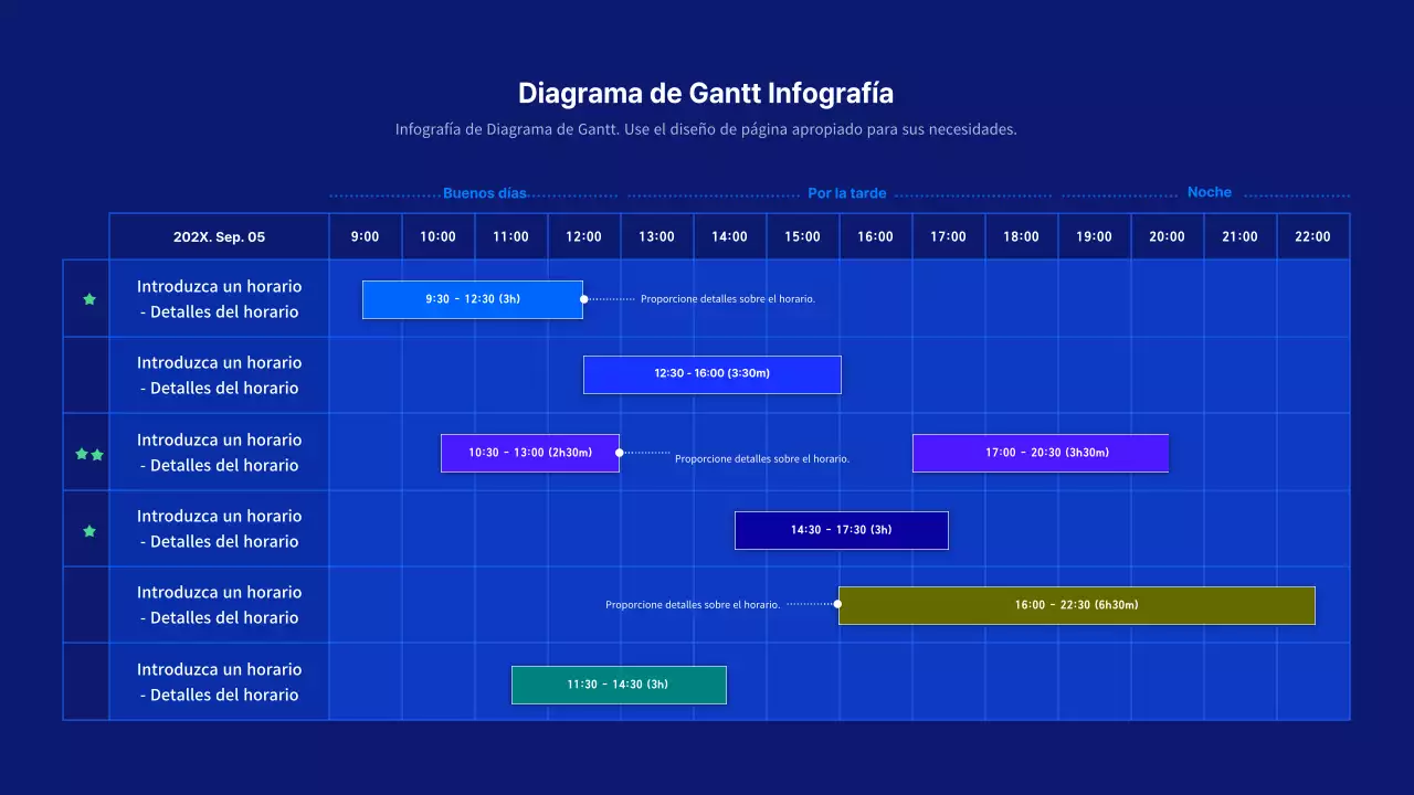 Un sencillo diagrama de Gantt conceptual en azul marino y azul