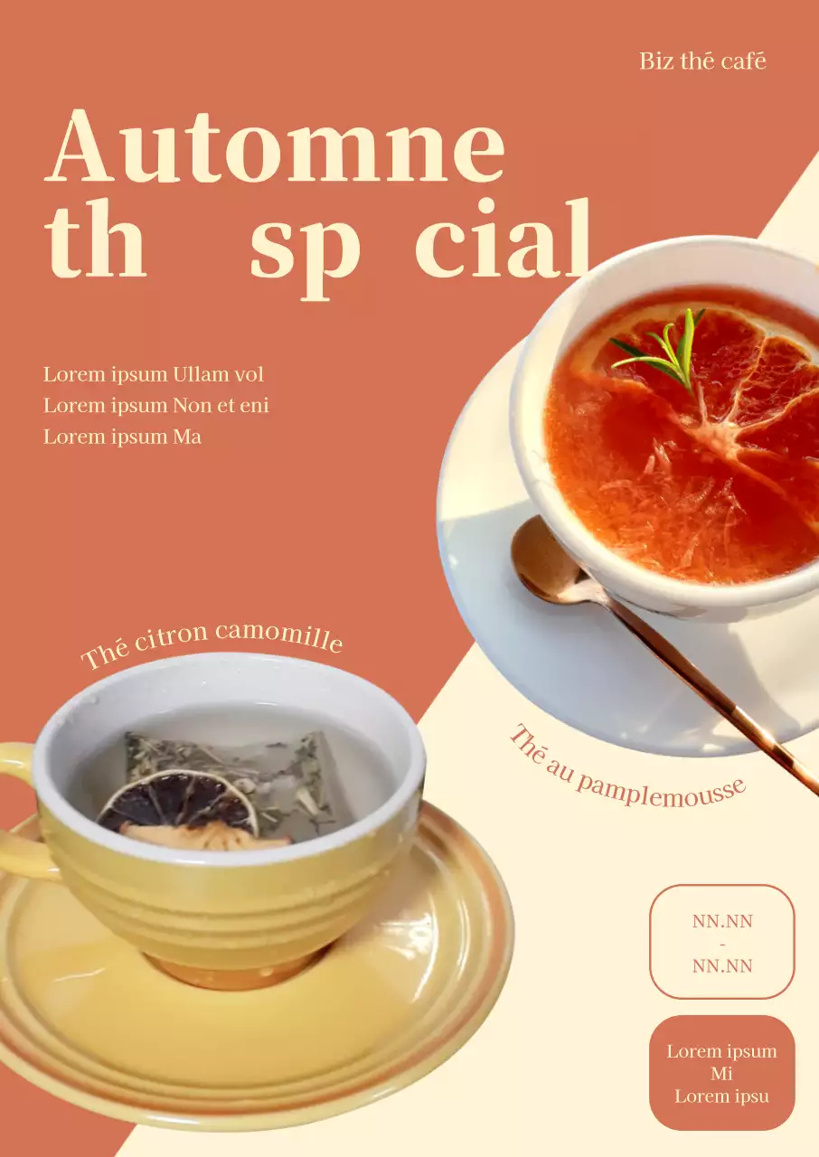 Affiche de thé d'automne avec des photos de deux menus sur un fond divisé