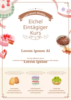 Förderung eines weichen, warmen Konzepts für Kochkurse mit braunen, dessertbezogenen Illustrationen