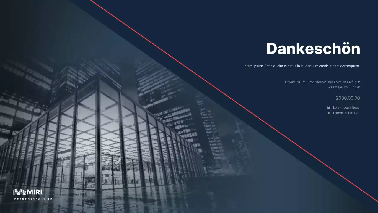 Corporate Briefing eines Bauunternehmens für Investitionen mit einem klaren Farbschema in Marineblau und Rot als Akzent