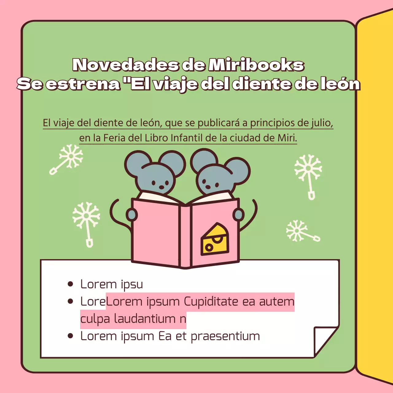 Guía de ferias del libro en amarillo y rosa