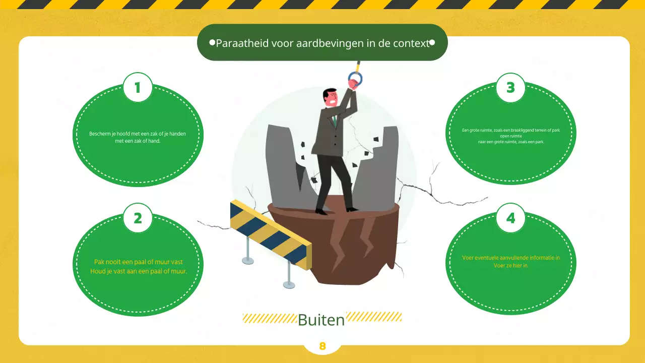 Veiligheidseducatie over aardbevingen en rampenparaatheid met behulp van illustraties op een geel en groen krijtbordconcept