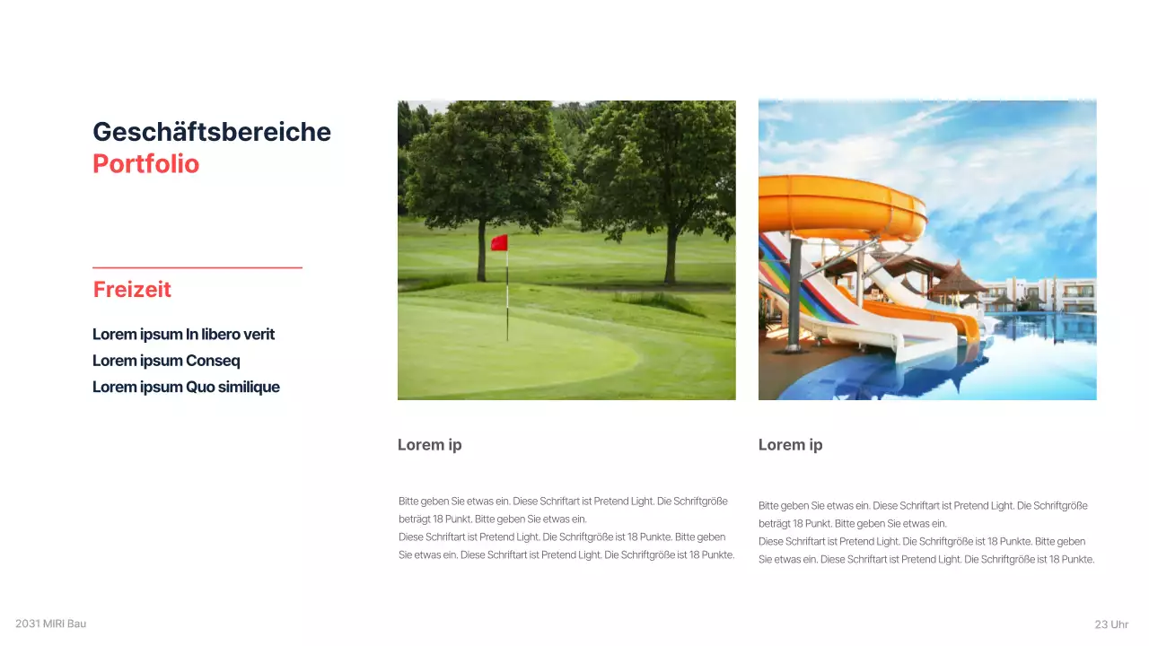 Corporate Briefing eines Bauunternehmens für Investitionen mit einem klaren Farbschema in Marineblau und Rot als Akzent