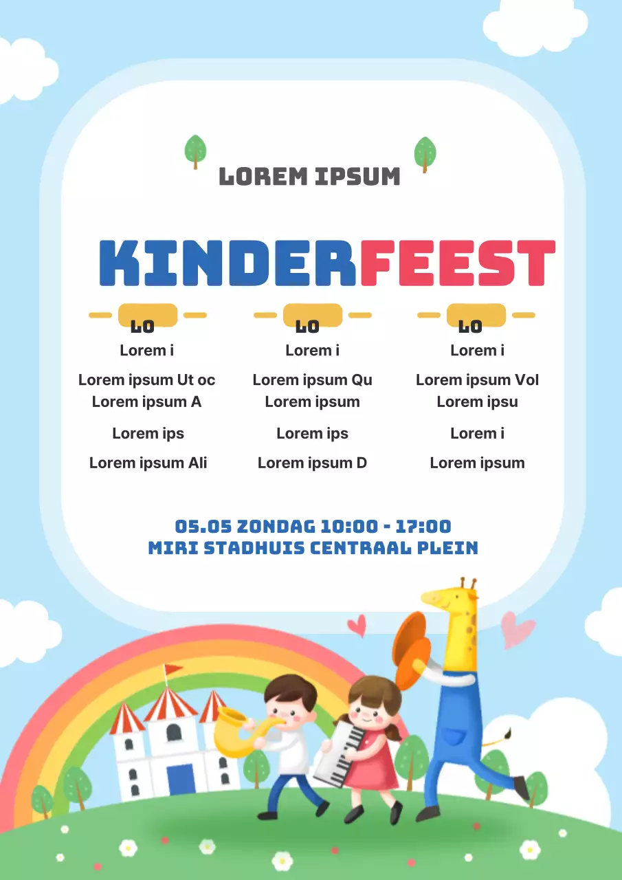 Een schattige, lichtblauwe flyer voor het Grote Kinderfeest