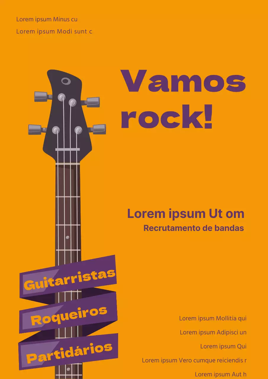 Promoção simples de um festival de rock universitário com ilustrações de guitarras laranja e roxas