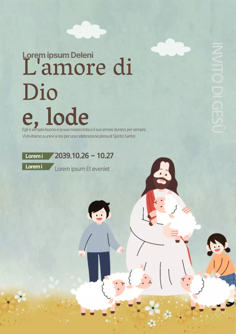Promuovete un festival della chiesa con un'illustrazione di Gesù e dei bambini in azzurro.