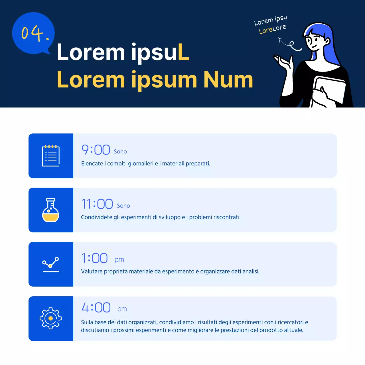 Una semplice descrizione delle mansioni in blu e giallo per promuovere il laboratorio di ricerca e sviluppo.