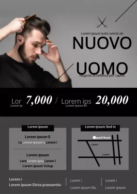 Volantino promozionale per salone di parrucchiere professionale da uomo nero e semplice