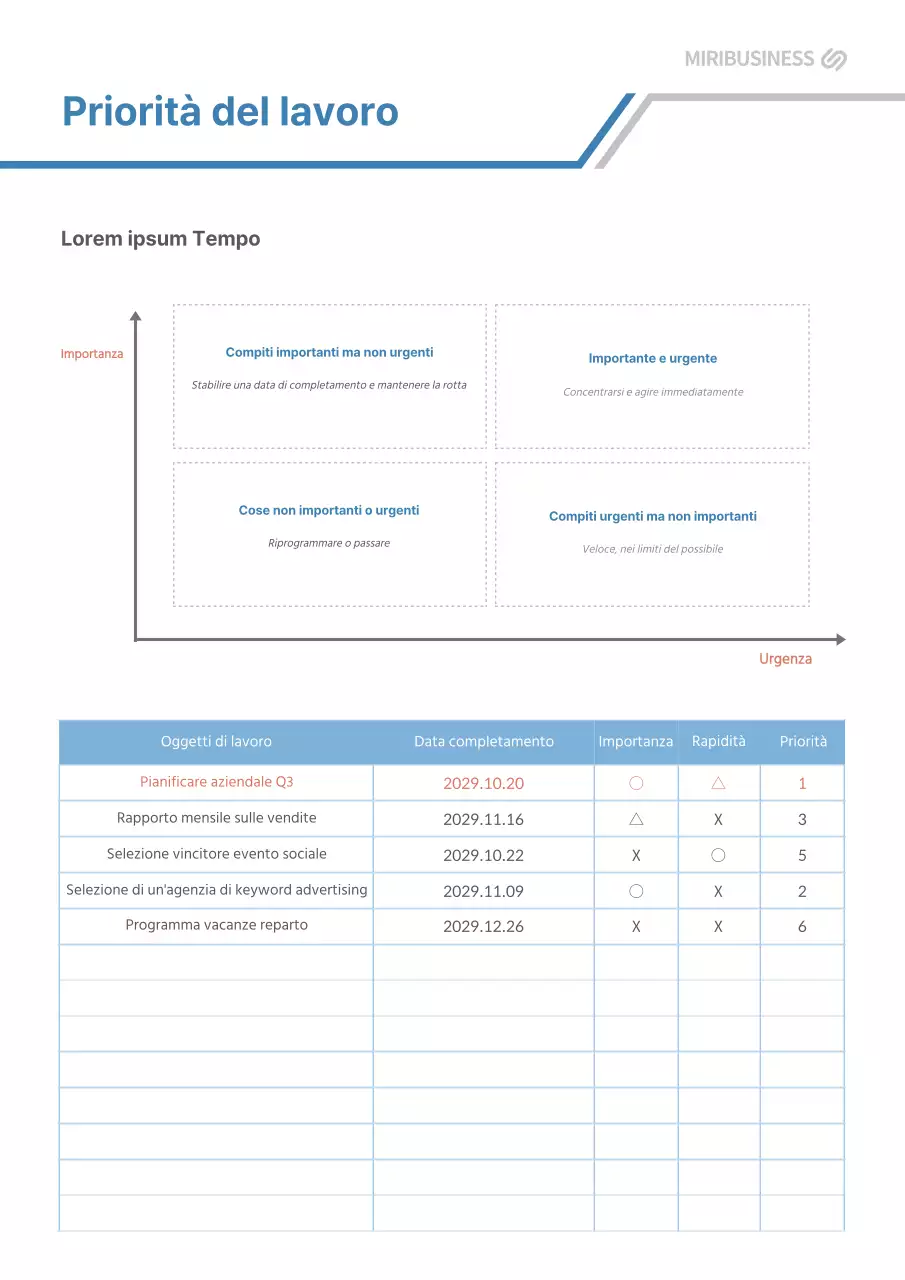Agenda delle priorità di lavoro grigia e blu
