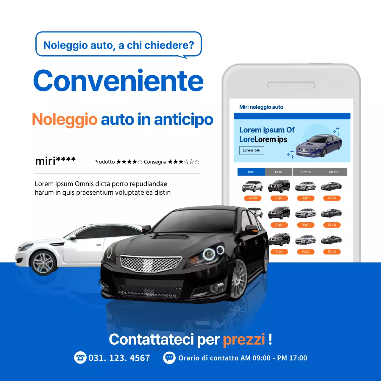 Presentazione della semplice app di noleggio auto blu