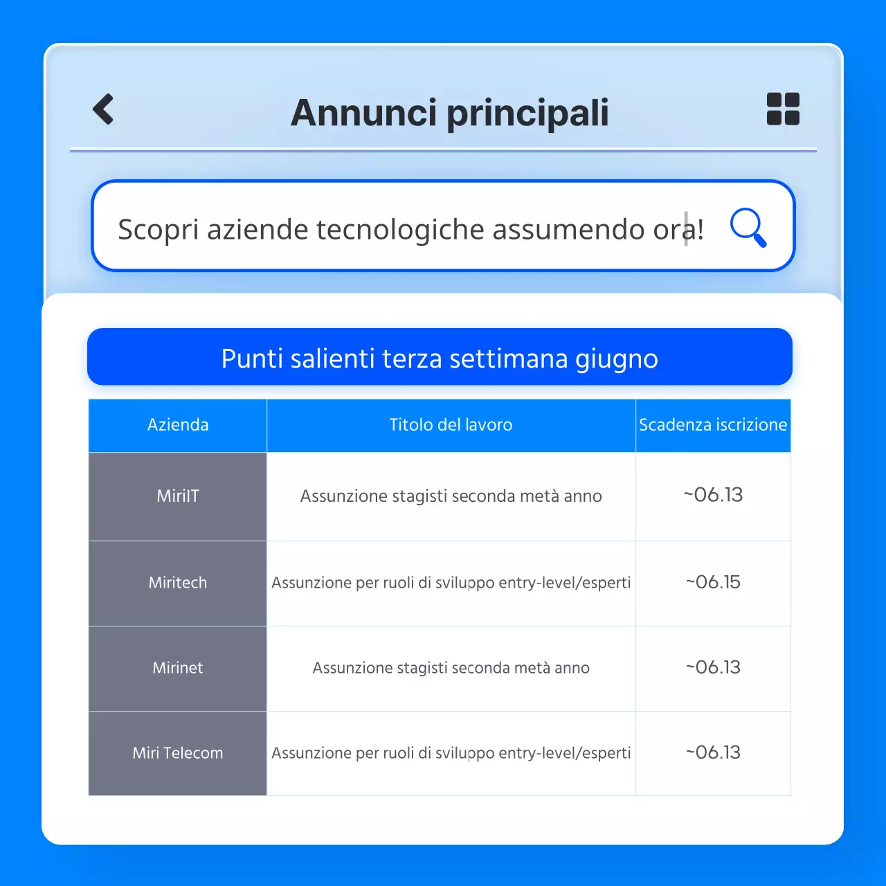 Elenco dei lavori consigliati per le aziende IT con concetto di app di glassmorfismo blu 3D