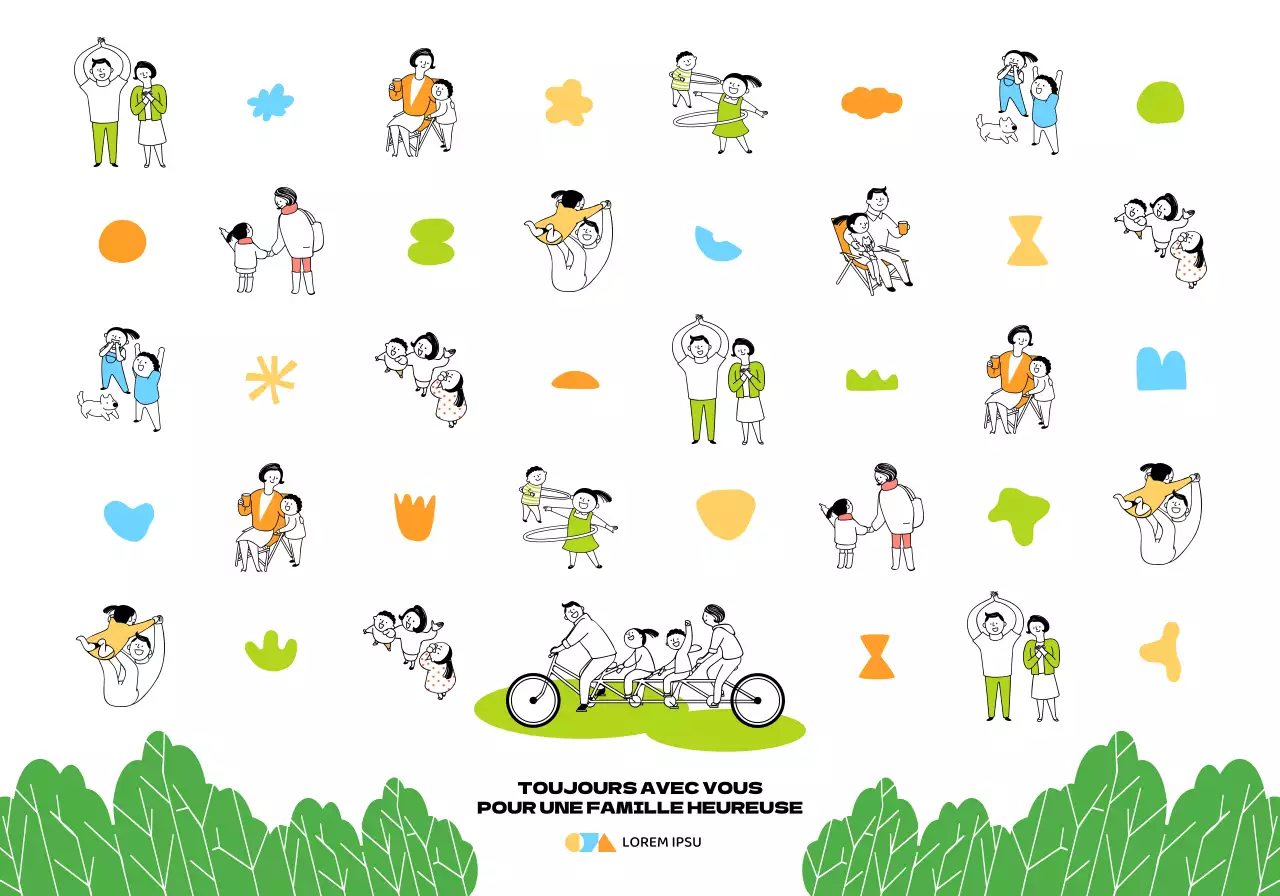 Une pochette de rangement avec l'illustration d'une famille harmonieuse dans un design simple et coloré à partager dans les centres d'aide sociale.