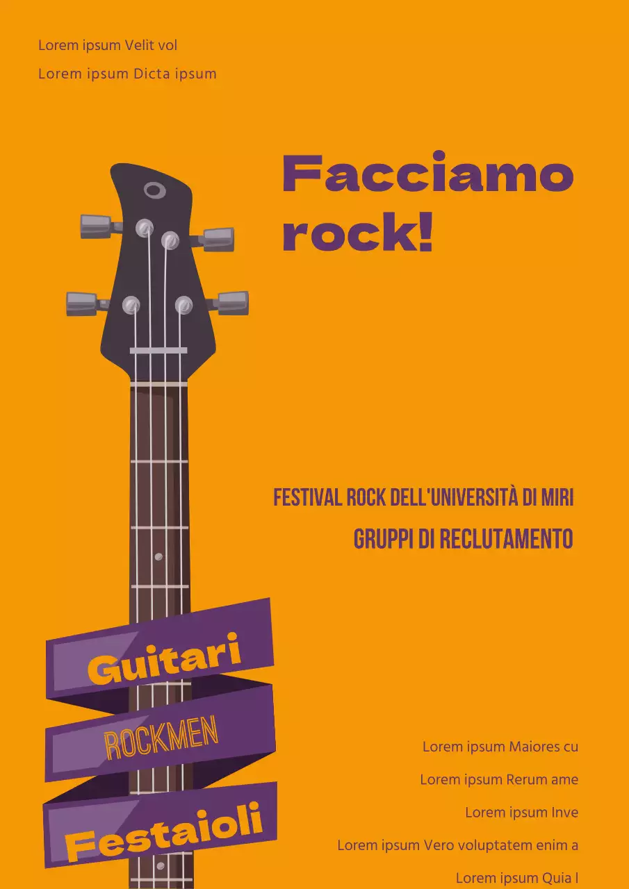 Semplice promozione di un festival rock universitario con illustrazioni di chitarre arancioni e viola
