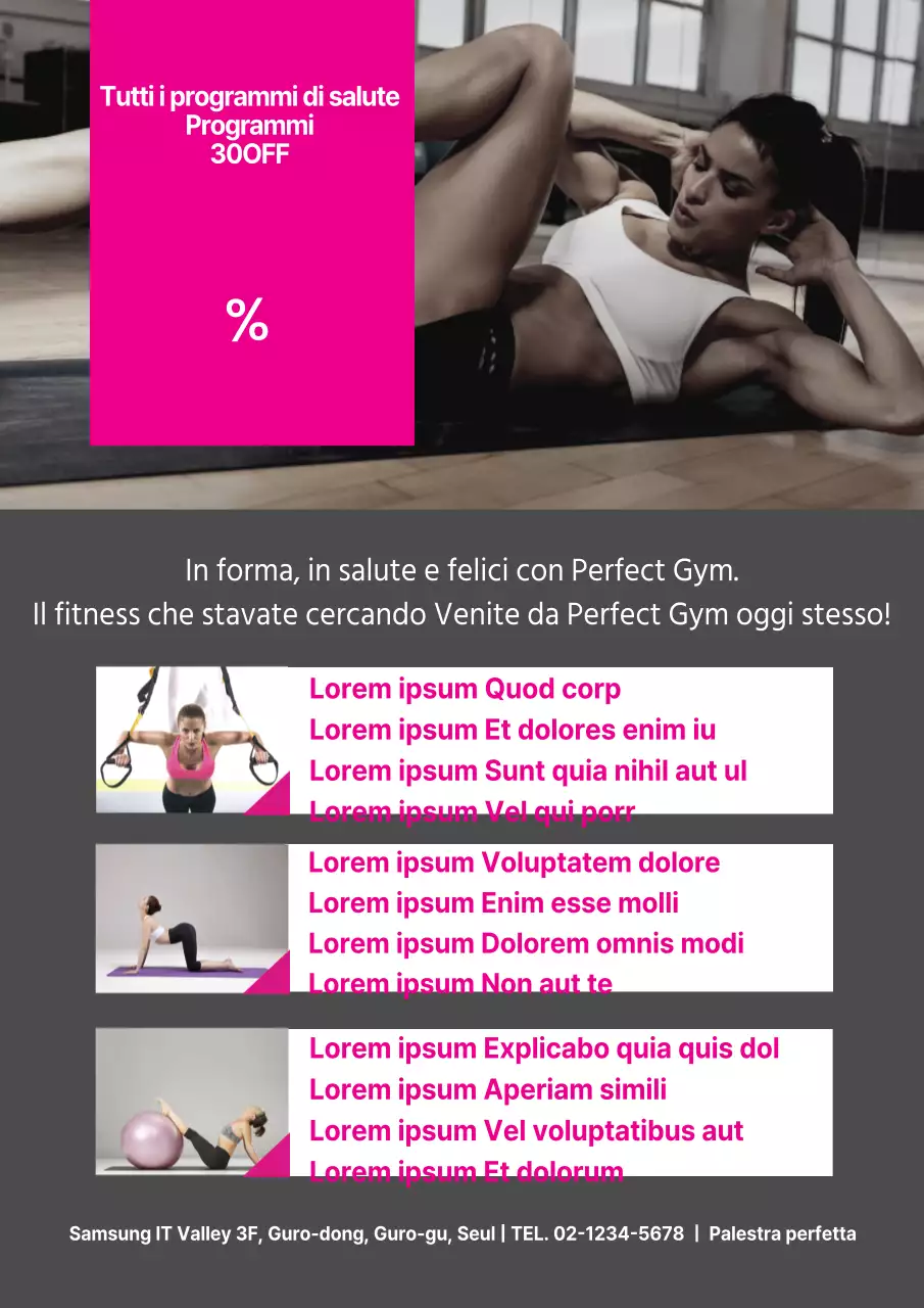 Volantino che promuove un programma di ginnastica in grigio e rosa